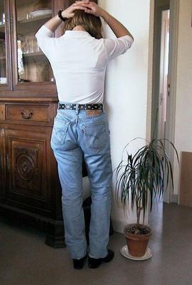 Spank and Shame bushy mature jeans and white top shaving pussy